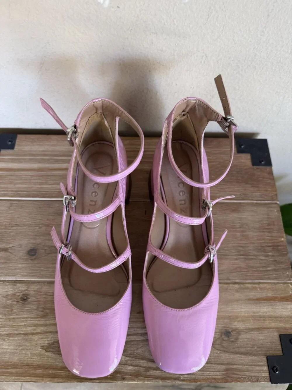Anthropologie Vincenza Pink Patent Leather Triple Strap Mary Jane Block Heels 6